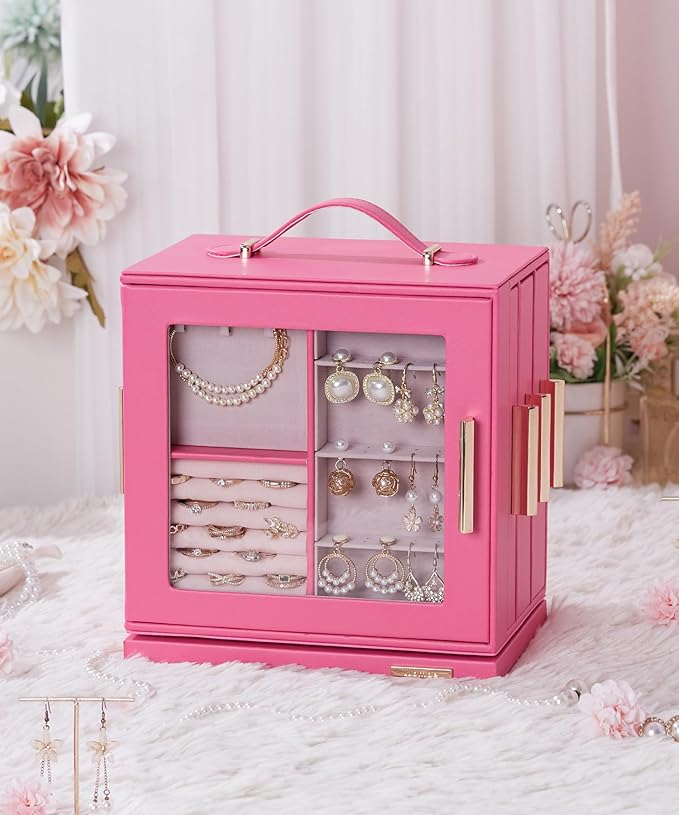 Homde Jewelry Box 360° Rotating, Necklace Earring Organizer with Transparent Window, Mirror, 7 Drawers, Large Ring Display St