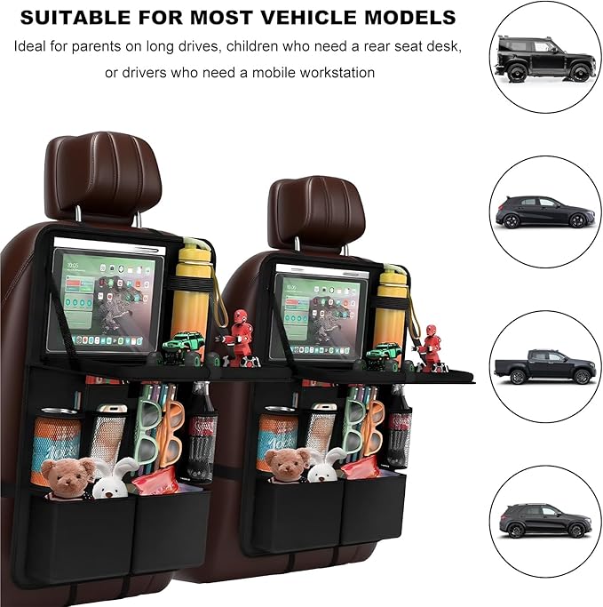 Car Backseat Organizer with Tray, Waterproof Back Seat Protector with Touch Screen Tablet Holder, 11 Storage Pockets Anti-Scratch Kick Mat Universal for Family Road Trips