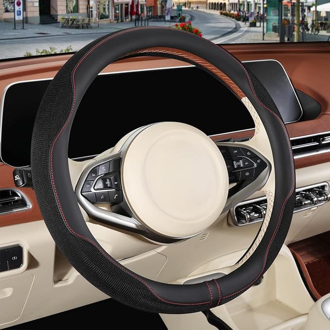 Nappa Leather Steering Wheel Cover, Advanced Microfiber Leather Non-Slip Breathable Fabric, Warm in Winter and Cool in Summer
