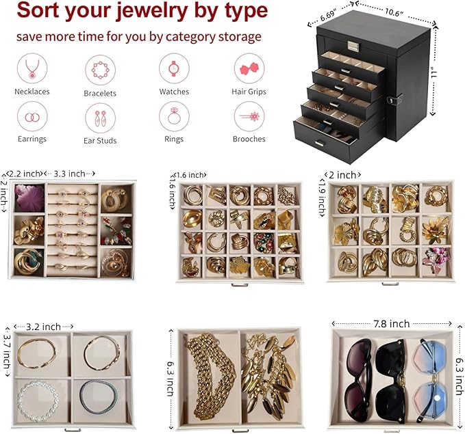 BOOVO Jewelry Box For women, 6 Layer Large Jewelry Organizer With Mirror, Multi-Function Storage Box With Lock, Necklace Hold