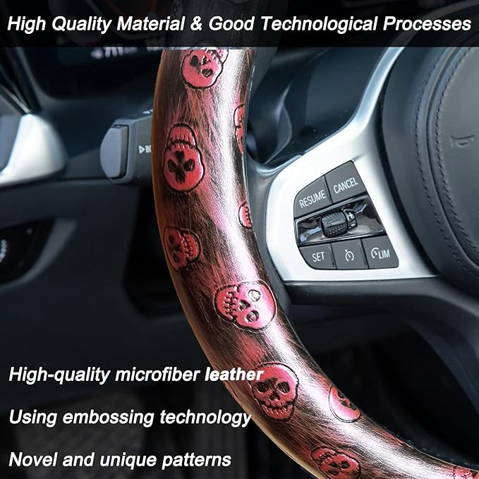 Embossed Skull Steering Wheel Cover, Skull Car Accessory, Microfiber Leather with Anti-Slip Lining, Fits 14.5"-15" Steering Wheels (Red Black)