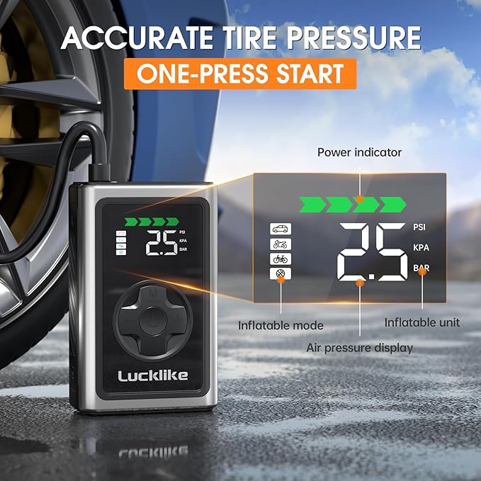 Lucklike Tire Inflator Portable Air Compressor, 150PSI Cordless Portable Air Pump for Car Tires with Pressure Gauge & LED Lights- 5X Faster Tire Pump for Car, Motorcycle, Bicycle and Balls