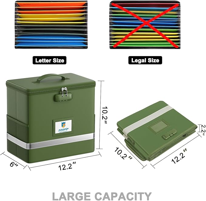 Fireproof File Box with Lock, Document Box Storage Organizer, Suitable for Hanging File Folders in Letter Size, Collapsible F