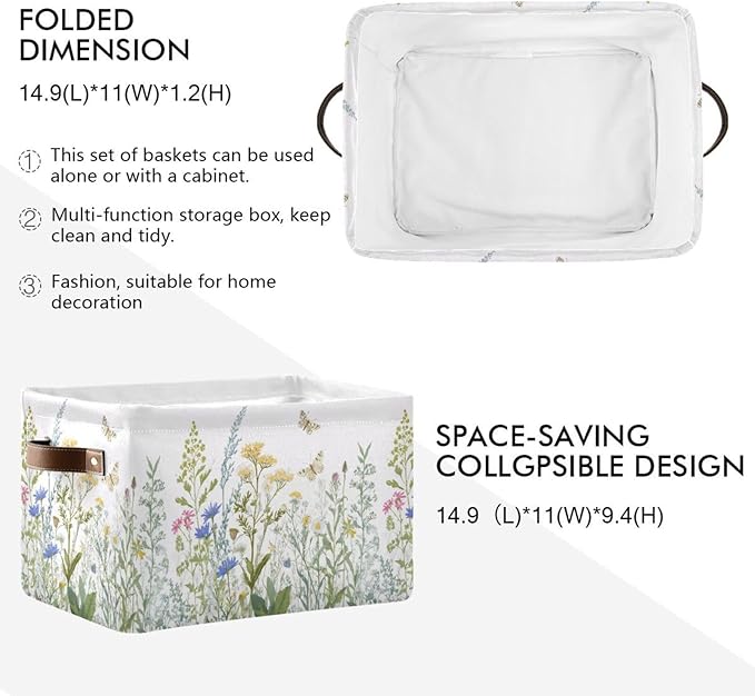 xigua Vintage Colorful Herbs Wild Flowers Floral Storage Basket Collapsible Toy Storage Bins Waterproof Canvas Storage Basket