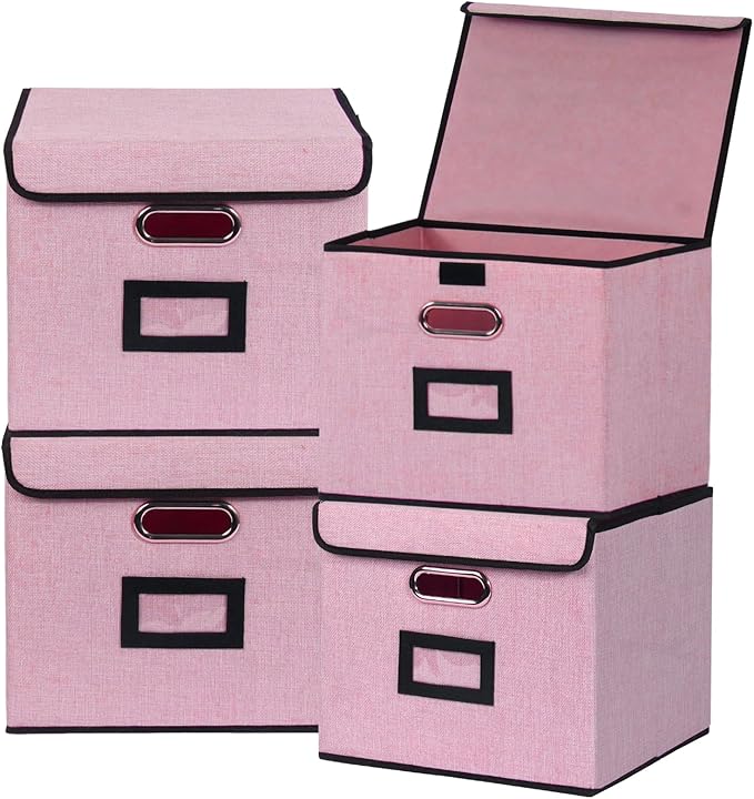 Large Square Storage Bin with Lid, Foldable Organizer Box with Handles & Label Design, for Office, Closet, Home, Documents, P