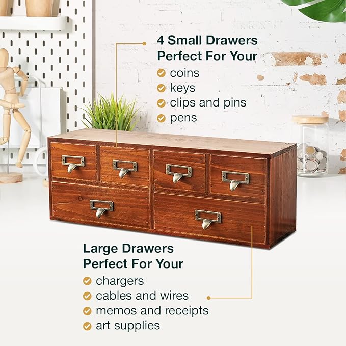 6-Drawer Vintage Desk Organizer Classic Brown Wood Storage Drawers for Tabletop - Slim Retro Style Desktop Organizing Cabinet