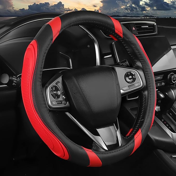 Concave Convex Massage Black Red Microfiber Leather Steering Wheel Cover, 14.5-15 Inch Non-Slip Breathable Microfiber Car Ste