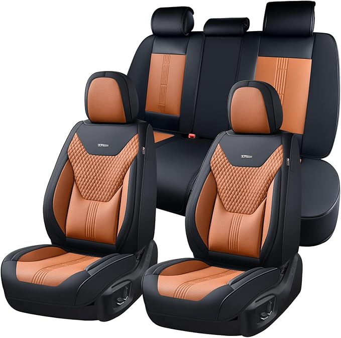 Coverado Car Seat Covers Full Set, Front Seat Covers with Lumbar Support and Back Seat Cover Waterproof Leather Automotive Se