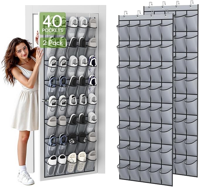 Unjumbly Over the Door Shoe Organizer with 40 Large Breathable Mesh Pockets, Space Saving Shoe Holder, Hanging Shoe Rack for 