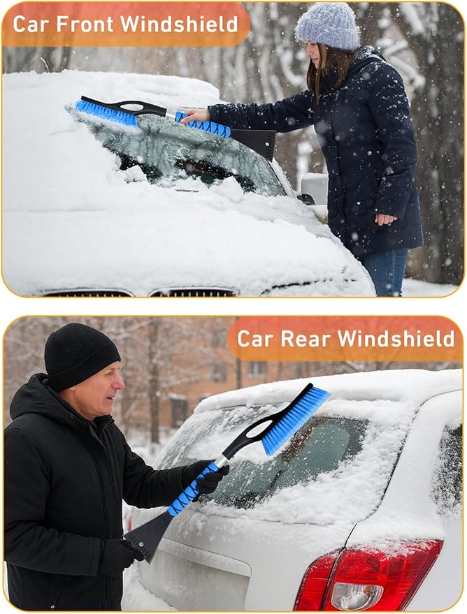 EcoNour 27" Aluminum Snow Brush 4 Pack with Ice Scrapers for Car Windshield and Window | Car Snow Scraper and Brush with Ergonomic Foam Grip Winter Accessories (Orange, Pink, Green, Blue)