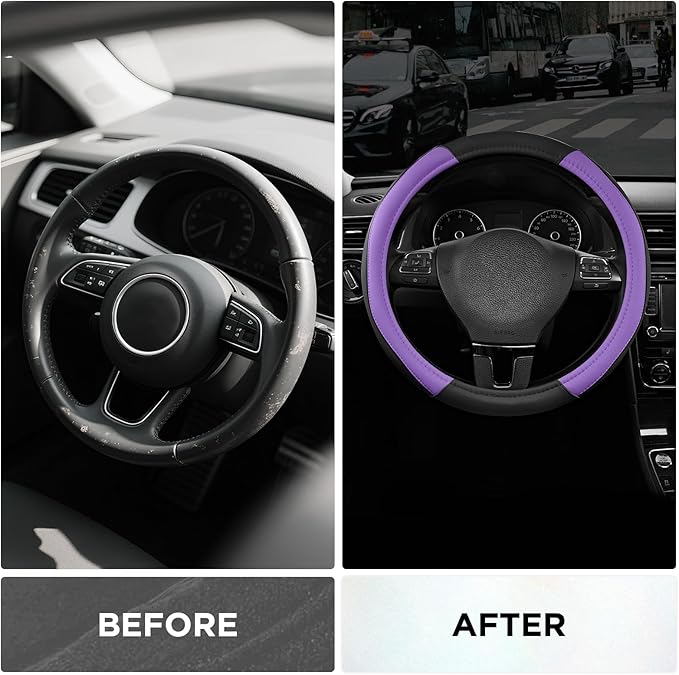 Road Comforts Leather Steering Wheel Cover with Decorative Trim and Piping, Anti-Slip Breathable Design, Fits 14.5–15 Inch Ro
