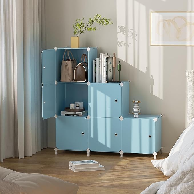 Cube Storage Organizer, 6-Cube Shelves Unit with Doors, DIY Stackable Plastic Clothes Organizer for Bedroom and Under Stairs 