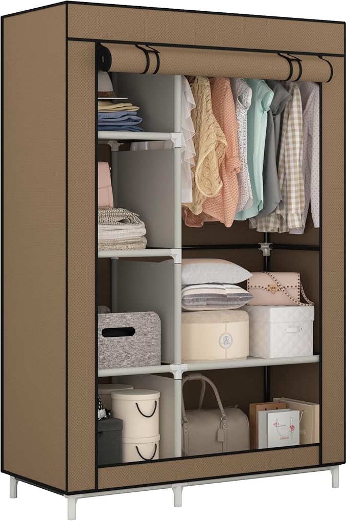 Calmootey Portable Closet Organizers, Clothing Storage, Wardrobe with 6 Shelves and Hanging Rod, Non-Woven Fabric Cover with 