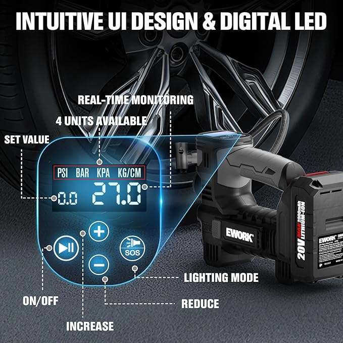 EWORK 150 PSI Tire Inflator Portable Air Compressor with 20V 2.0Ah Battery, Inflates in 3 Minutes (195/60 R16), Auto Shut-Off, Digital Pressure Gauge Air Pump for Car Tires, Motorcycle, Bike