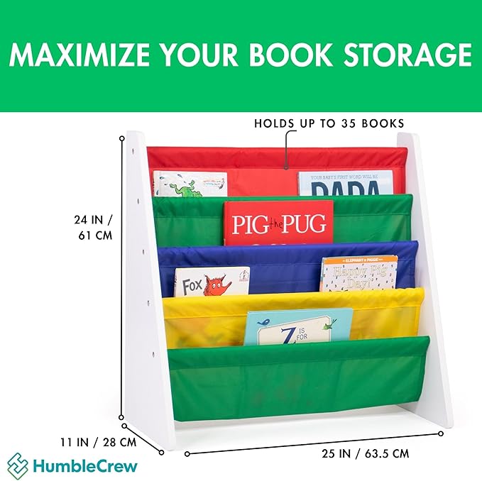 Humble Crew 4-Tier Kids Bookshelf, White Wood/Primary - Premium Book Shelf for Kids Rooms with Four Deep Pockets - Toddler Sl
