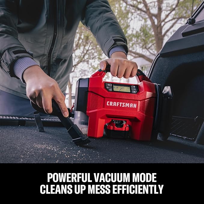 CRAFTSMAN 3-in-1 Tire Inflator, 160PSI Portable Air Compressor/Car Vacuum/Dust Blower, 20V Cordless & 12V Car Power, Air Pump with LED Light for Cars Trucks RV Tires (Battery Sold Separately)