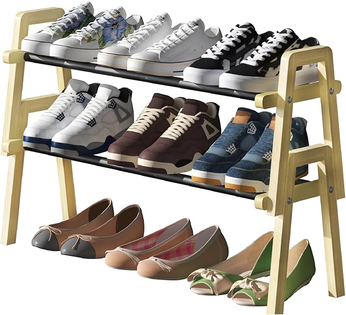 2-Tier Stackable Bamboo Shoe Rack, Free Standing Shoe Storage Organizer for Entryway, Closet, Doorway - Natural Wood Shoe She