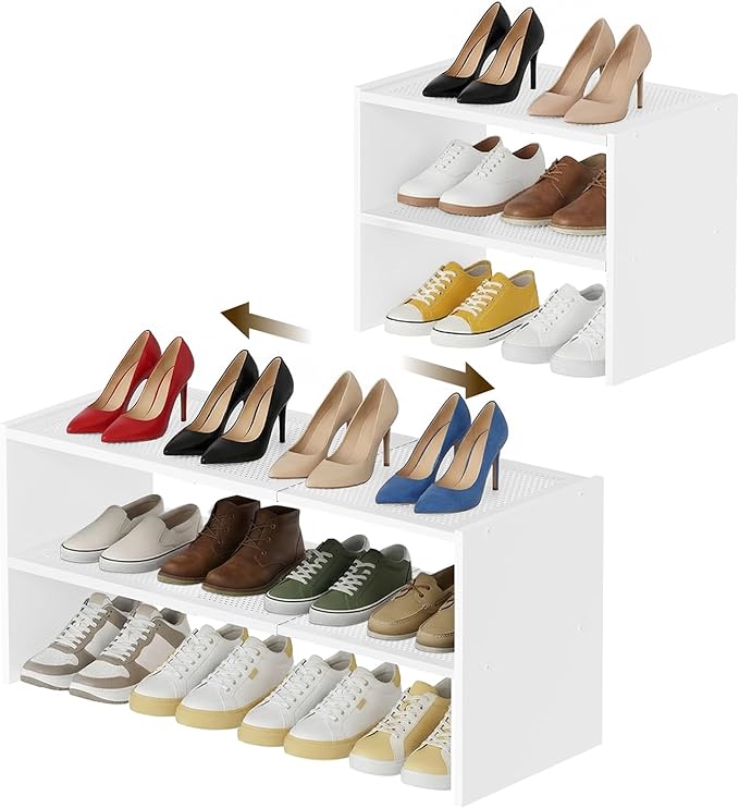 YATINEY Expandable Shoe Rack, 2-Tier Adjustable Entryway Shoe Organizer, Stackable Closet Shoe Rack for Small Space, Compact 