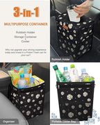 Car Trash Can with Lid, Cute Leakproof Car Trash Garbage Bag Hanging Vehicle Trash Bin Small Portable Automotive Garbage Cans Organizer for Back/Front Seat/Console(2.8 Gallons,Black Flower)