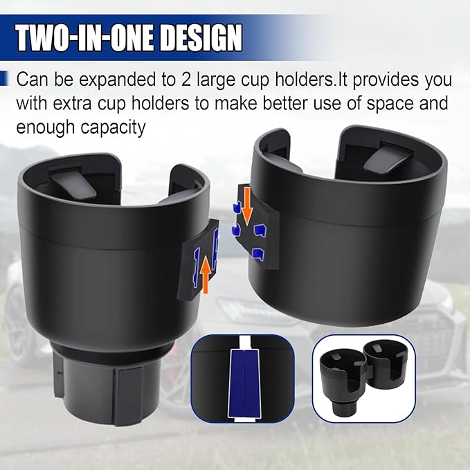 Car Double Cup Holder Extender, Multifunctional 2-in-1 Auto Drink Holder Insert with Adjustable Base, Portable Cup Holders Adapter, Universal Car Beverage Organizer for Bottle, Snack (Black)