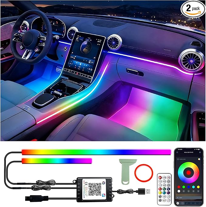 Car Led Strip Lights, Interior Car Lights, App and RF Remote Control Ambient Lighting Kit with RGB 16 Million Colors Fiber Optics&Music Sync Rhythm, USB Neon Light Accessories for Center Console&Door