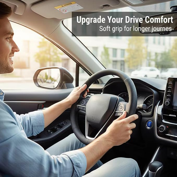 Leather Steering Wheel Cover for Chevy Silverado 1500 2500 3500, 14.5-15 inches Car Steering Wheel Cover, Black