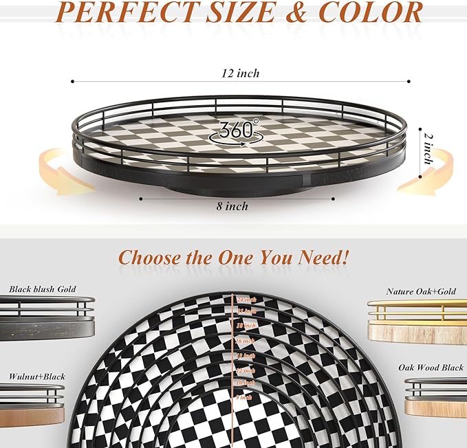 Black and White Kitchen Lazy Susan Turntable – Round Checkered Decorative Tray, 12” Table Top Oak Wood Lazy Susan for Cookies