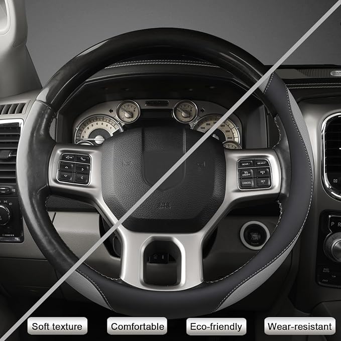 West Llama Customized Auto Car Steering Wheel Cover for Dodge RAM 1500 2500 3500, 15.5-16 inch (Black+Gray-Large Size)