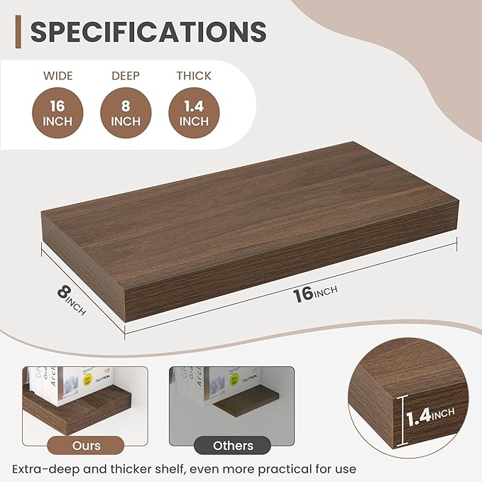 16 Inch Floating Shelves, 8 Inch Deep Floating Shelves for Wall, Hanging Shelf with Invisible Brackets, Deep Shelves for Bath