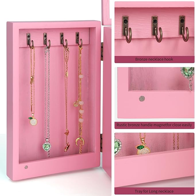 Meangood Jewelry Box Wood for Wowen, 5-Layer Large Organizer Box with Mirror & 4 Drawers for Rings, Earrings, Necklaces, Pink