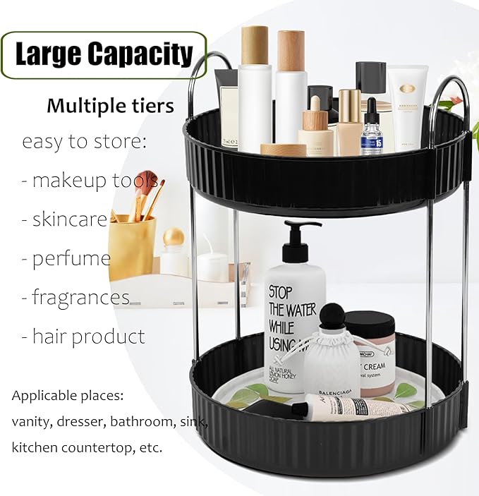 Rotating Makeup Organizer Countertop 2 Tier Lazy Susan Trays Spinning Skincare Perfume Storage for Bathroom Counter Vanity, B