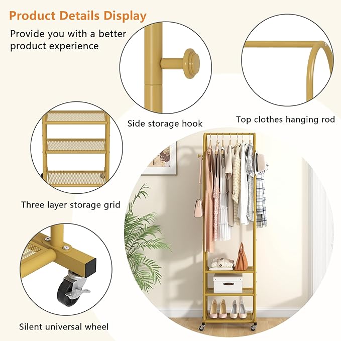Kaitiemoo Heavy Duty Clothing Rack with Wheels,Modern Garment Rack with 3 Metal Shelves, 71.8Inches Display Rack for Hanging 