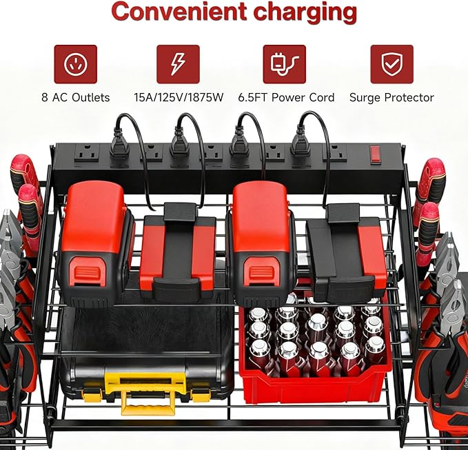 Garage Tool Organizer with Charging Station & Power Strip - 4 Drill Holder Wall Mount Rack, Heavy Duty Metal Shelf for Worksh