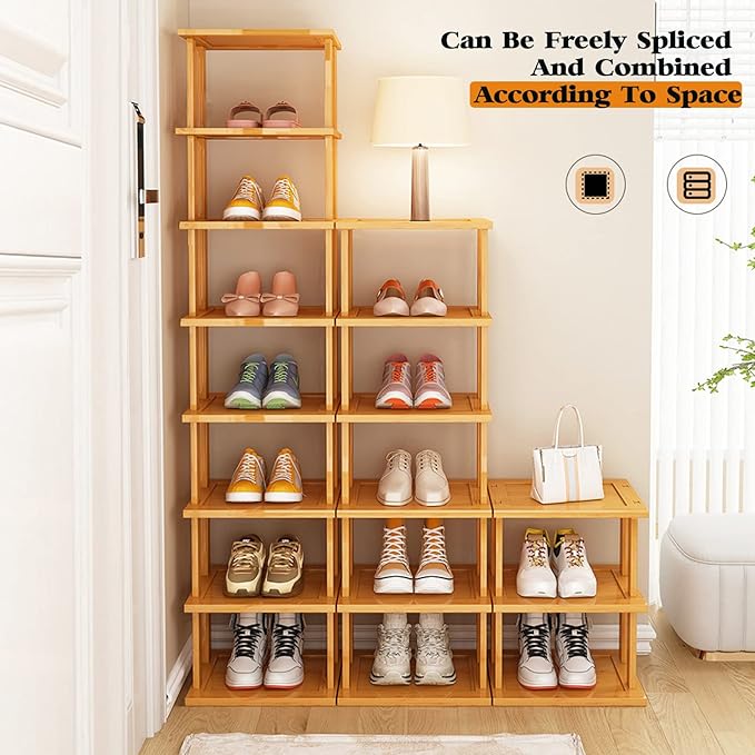Bamboo Shoe Rack - Vertical Shoe Rack for Small Spaces, Tall Narrow Shoe Rack Organizer for Closet Entryway Corner Garage and