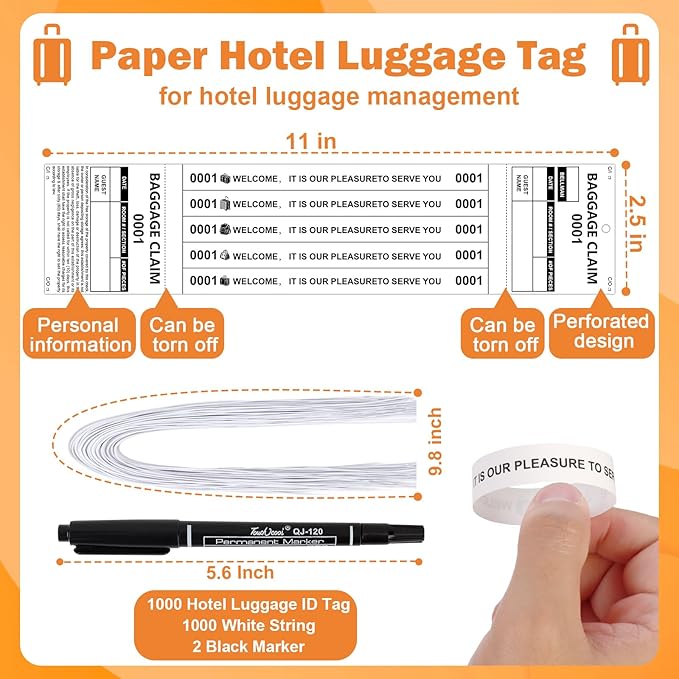 1000 PCS Hotel Luggage Tags Bulk with 5 Matching Numbered Labels Paper Baggage Claim Check Tags with White String &Marker Bla