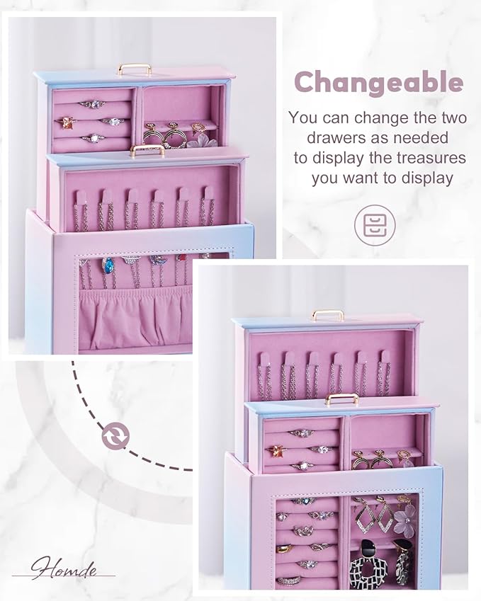 Homde Jewelry Organizer Girls Women Jewelry Box for Necklaces Rings Earrings Gift Bracelets Storage Case (Blue - Pink Gradien