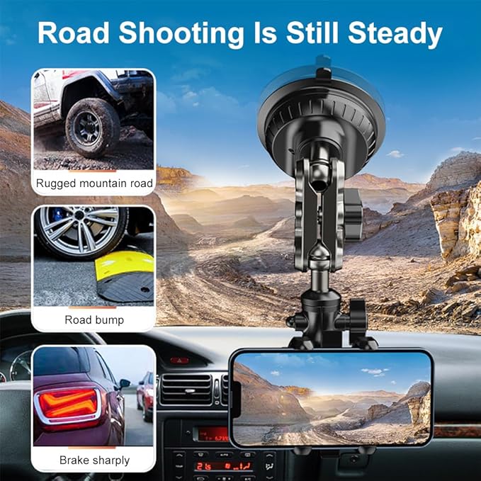 Car Phone Mount Video Recording, Universal 360° Rotating Arm Suction Cup Car Phone Holder Vlog Selfie Live Streaming Heavy Duty Car Phone Mount for Dashboard, Windshield, Sunroof (Black)