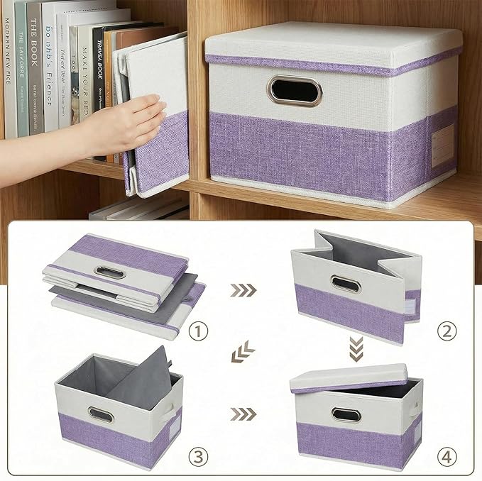 PRANDOM Storage Bins with Lids [3-Pack] Linen Fabric Foldable Storage Boxes Organizer Containers Baskets Cube with Cover for 