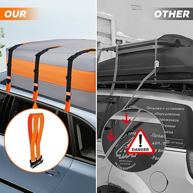 6 Rooftop Cargo Tie Down Hook Straps - Secure Any Car Roof Bag, Roof Rack Cargo Carrier, or Car Top Carrier, Durable and Solid, No Roof Rack Required, Compatible with Most Cars - Registered Patent