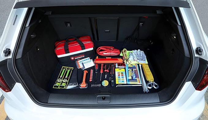 Kitgo Car Emergency Kit,Premium Roadside Assistance Essentials with Jumper Cables, Flashlight, Shovel, Screwdriver Set - Idea