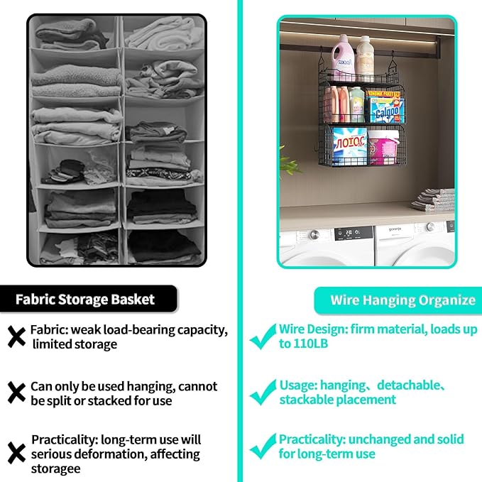 HapiRm Hanging Closet Organizer Storage - 3 Tier Metal Stackable Hanging Closet Shelves with Dividers and S Hooks, Foldable C