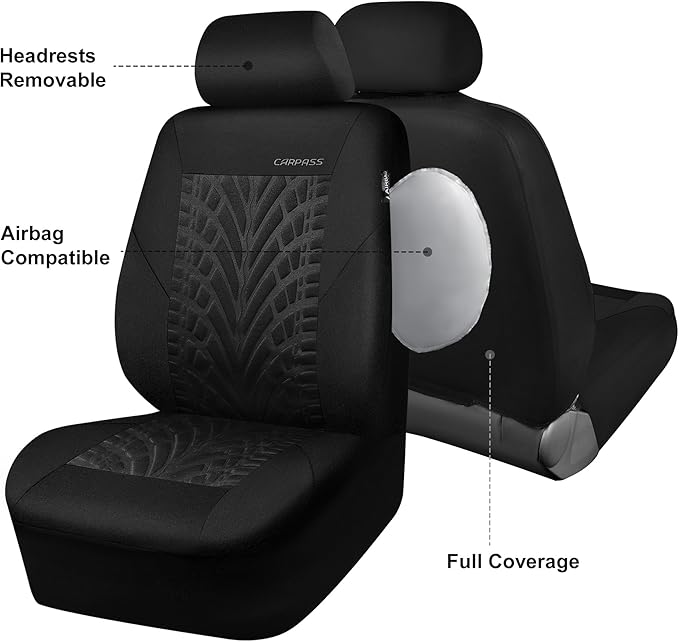CAR PASS Car Seat Covers Two Front Only for Car, 3D Tyre Print Automotive Interior Covers, Airbag Compatible, Quick Setup Uni