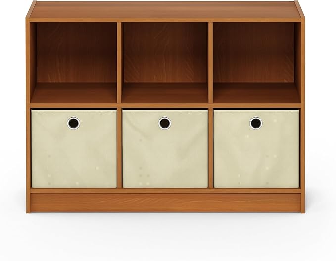 Furinno Basic 3x2 Bookcase Storage w/Bins, Light Cherry/Ivory
