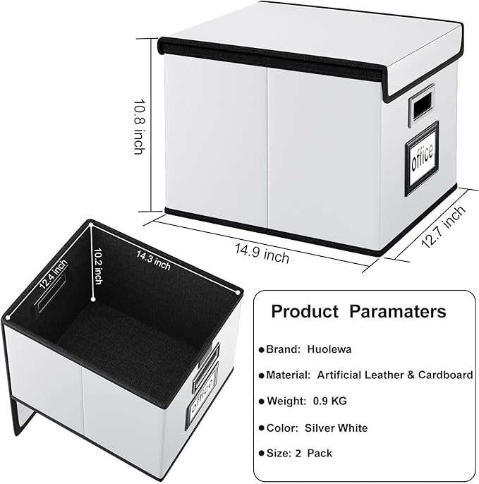 Huolewa Portable Leather File Organizer Boxes with Lids, Collapsible File Folder Organizer Boxes, Decorative Small Filing Fil