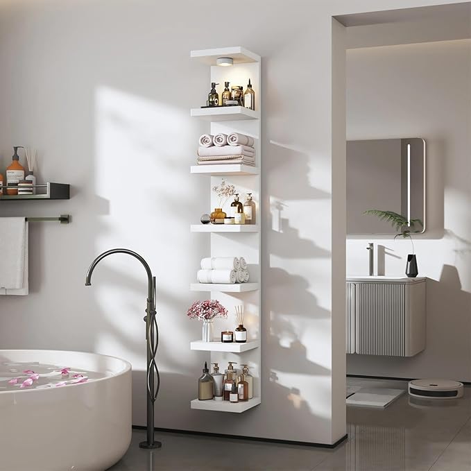 White 7-Tier Vertical Wall Shelf Unit with USB Rechargeable Led Light (Remote Controlled),Versatile Floating Display Shelves,