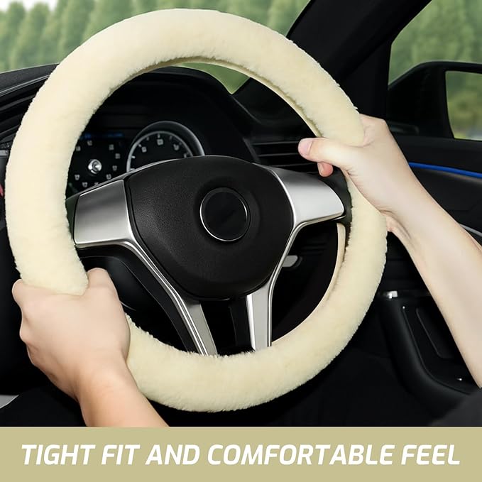 AEGIS Cover Luxury Australian Sheepskin Steering Wheel Cover - Real Plush AUS Genuine Wool | All-Season Non-Slip for Cars (Fits 14.5-15.5" Wheels) | Premium Auto Upgrade (Cream)