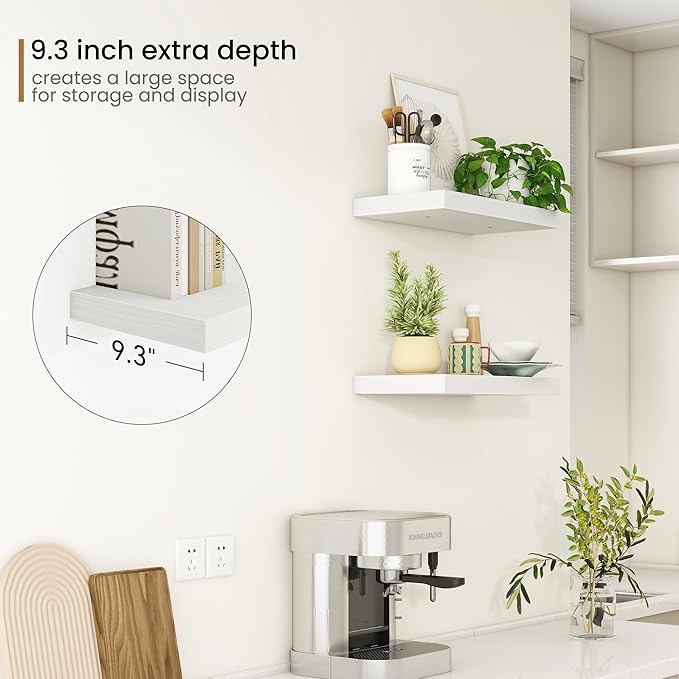 Fun Memories Deep Floating Shelves - 16" W x 9.3" D x 1.6" H Rustic White Wall Shelf - Wall Mounted Shelves for Storage - Woo