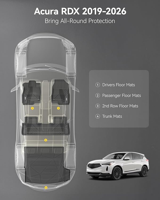 3W Floor Mats&Cargo Liner Fit Acura RDX 2019-2024 2025 2026 TPE All Weather Custom Fit Floor Liner for Acura RDX 1st and 2nd Row Full Set Car Liners Black