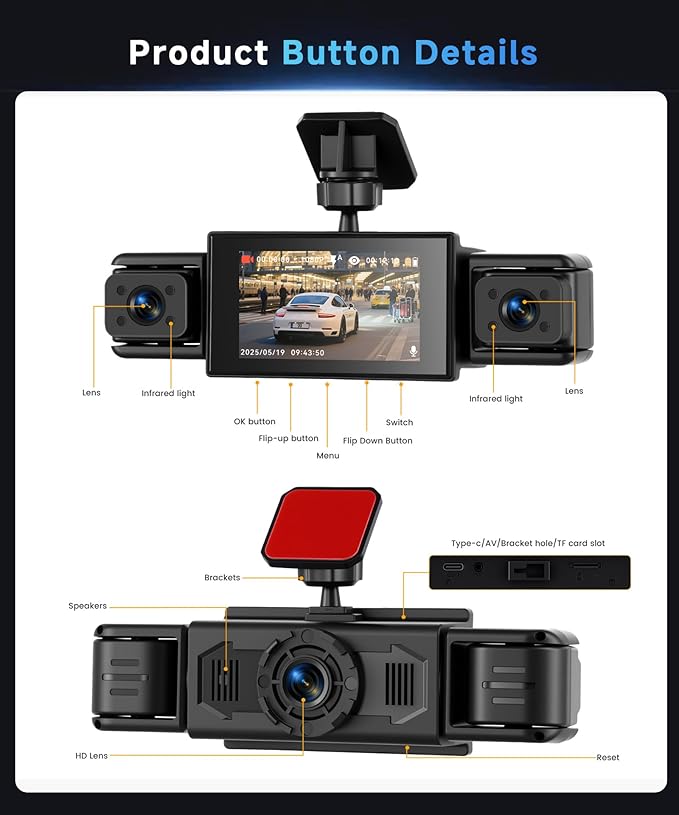 360° Dash Cam Front and Rear Inside Left Right, 4 Channel FHD 1080P Dash Cam for Cars, 3 Inch IPS Dashcams with Night Vision,