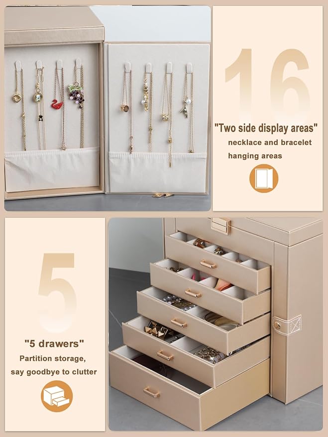 BOOVO Jewelry Box For women, 6 Layer Large Jewelry Organizer With Mirror, Multi-Function Storage Box With Lock, Necklace Hold